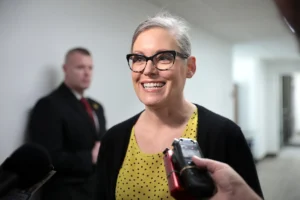 Governor Katie Hobbs speaking with the media after the grand opening of Homebase hosted by Native American Connections in Surprise, Arizona.
