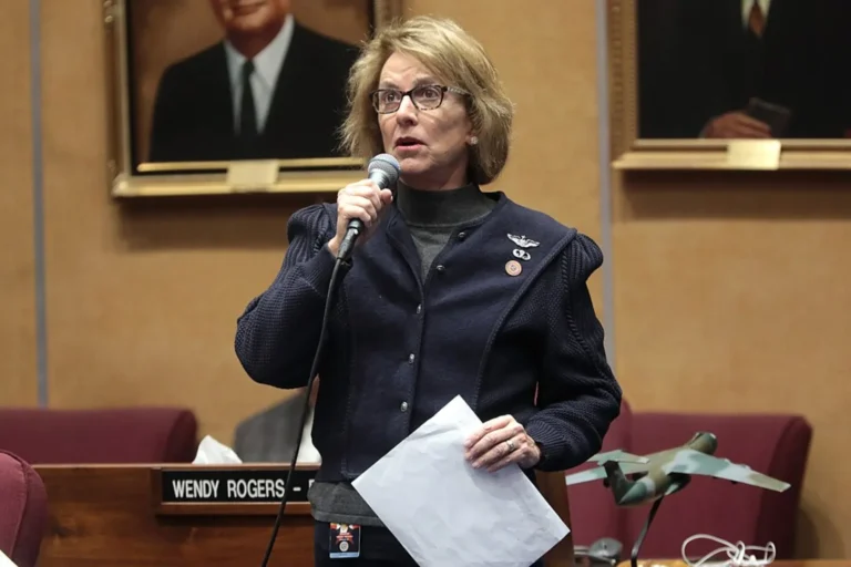 State Senator Wendy Rogers speaking on the floor of the Arizona State Senate at the Arizona State Capitol building in Phoenix, Arizona.
